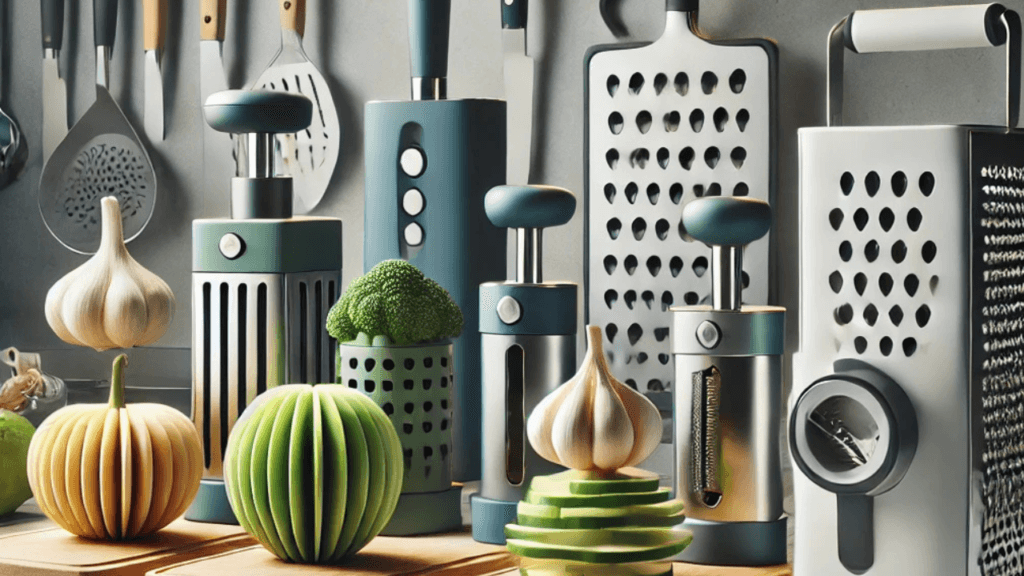 a group of kitchen utensils and vegetables
