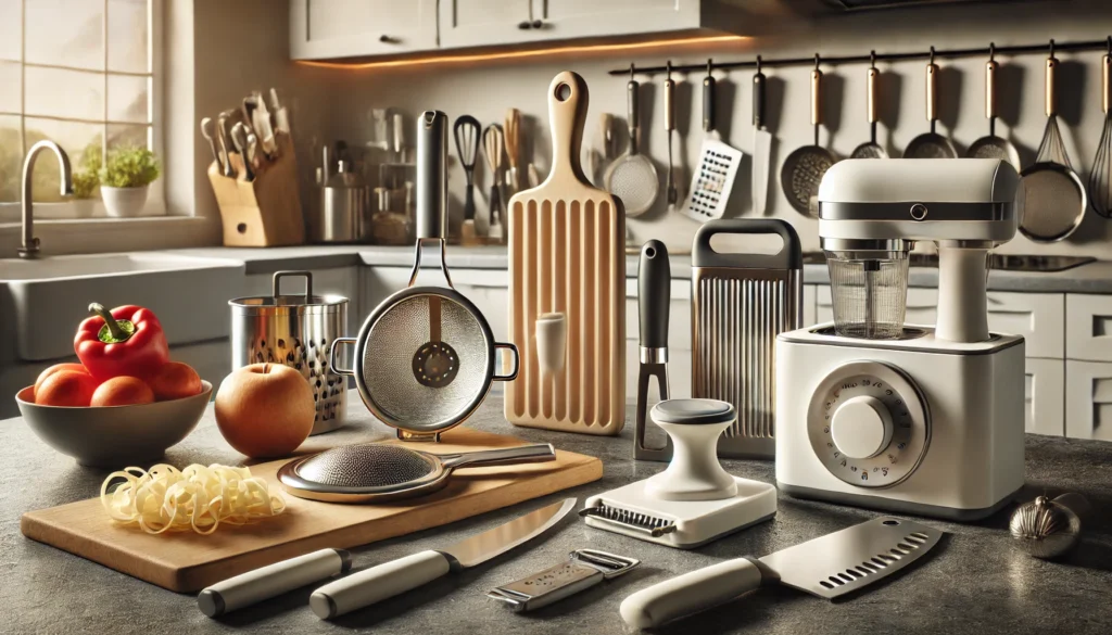 a kitchen counter with various kitchen utensils