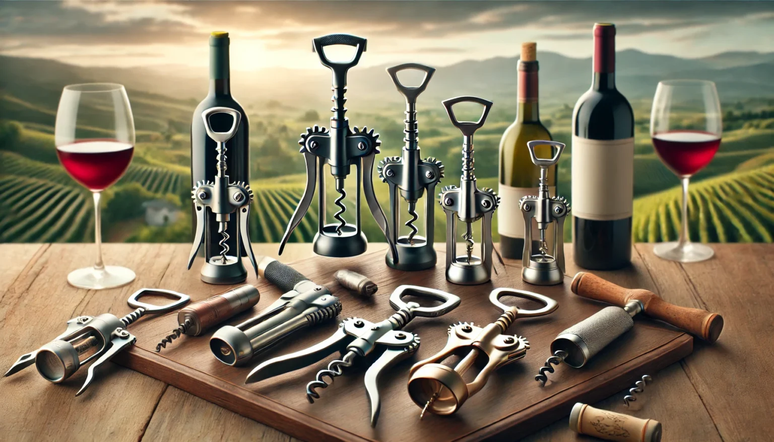 a group of corkscrews and bottles of wine