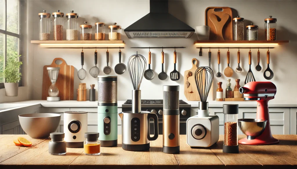 a kitchen counter with various kitchen appliances