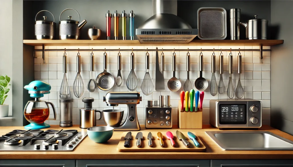 a kitchen counter with utensils and a variety of appliances