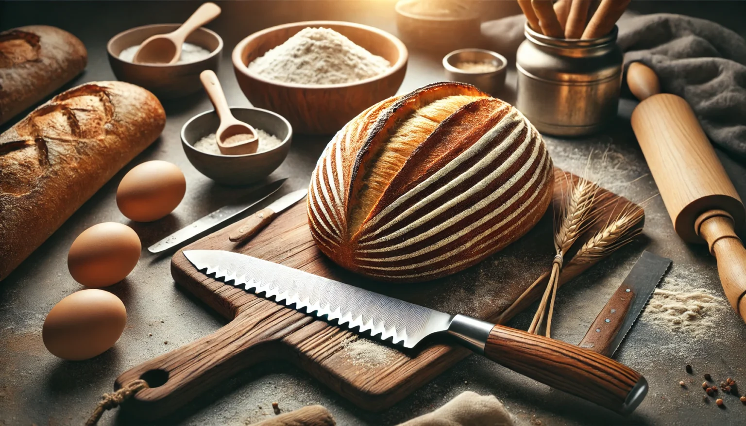 a loaf of bread on a cutting board with a knife and wheat