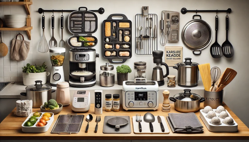 a kitchen counter with various appliances