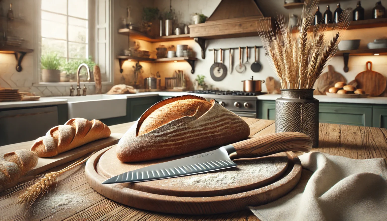 a loaf of bread on a cutting board with a knife on it
