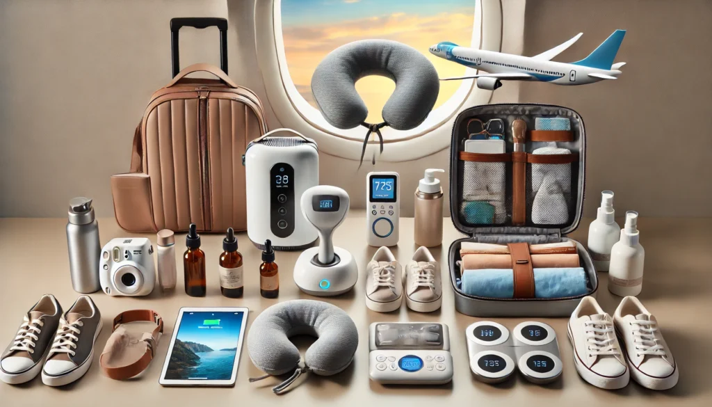 a group of travel items on a table
