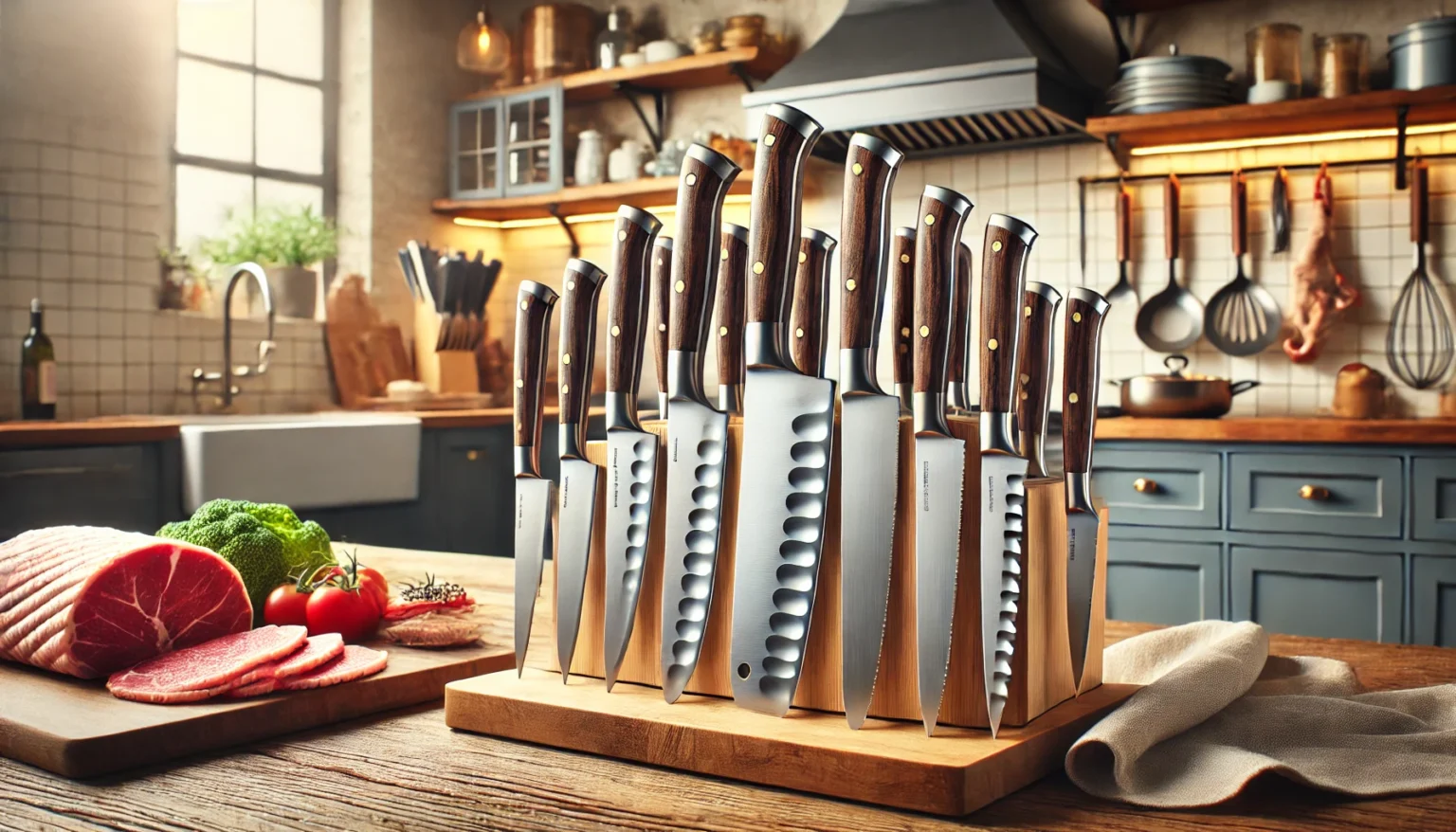 a group of knives on a wooden block