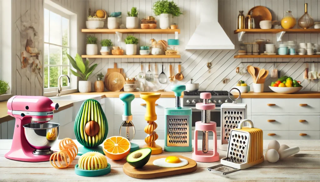 a kitchen counter with various kitchen utensils and fruits