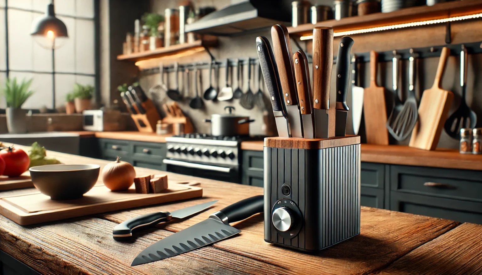 a knife block with knives on a wooden table
