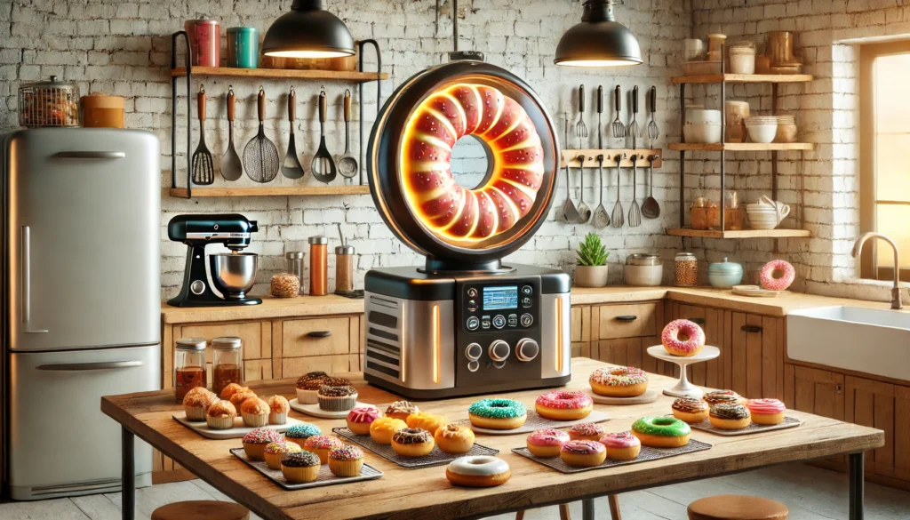 a kitchen with a machine and donuts