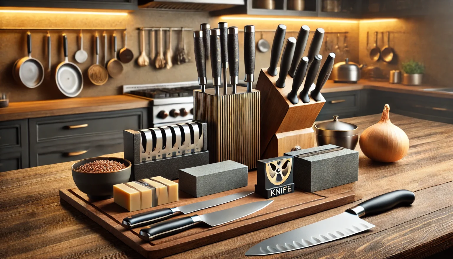 a kitchen counter with knives and knives