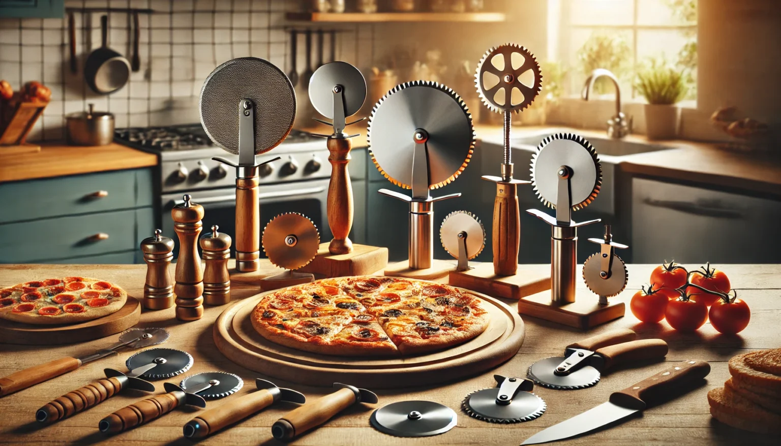 a table with different types of pizza cutters